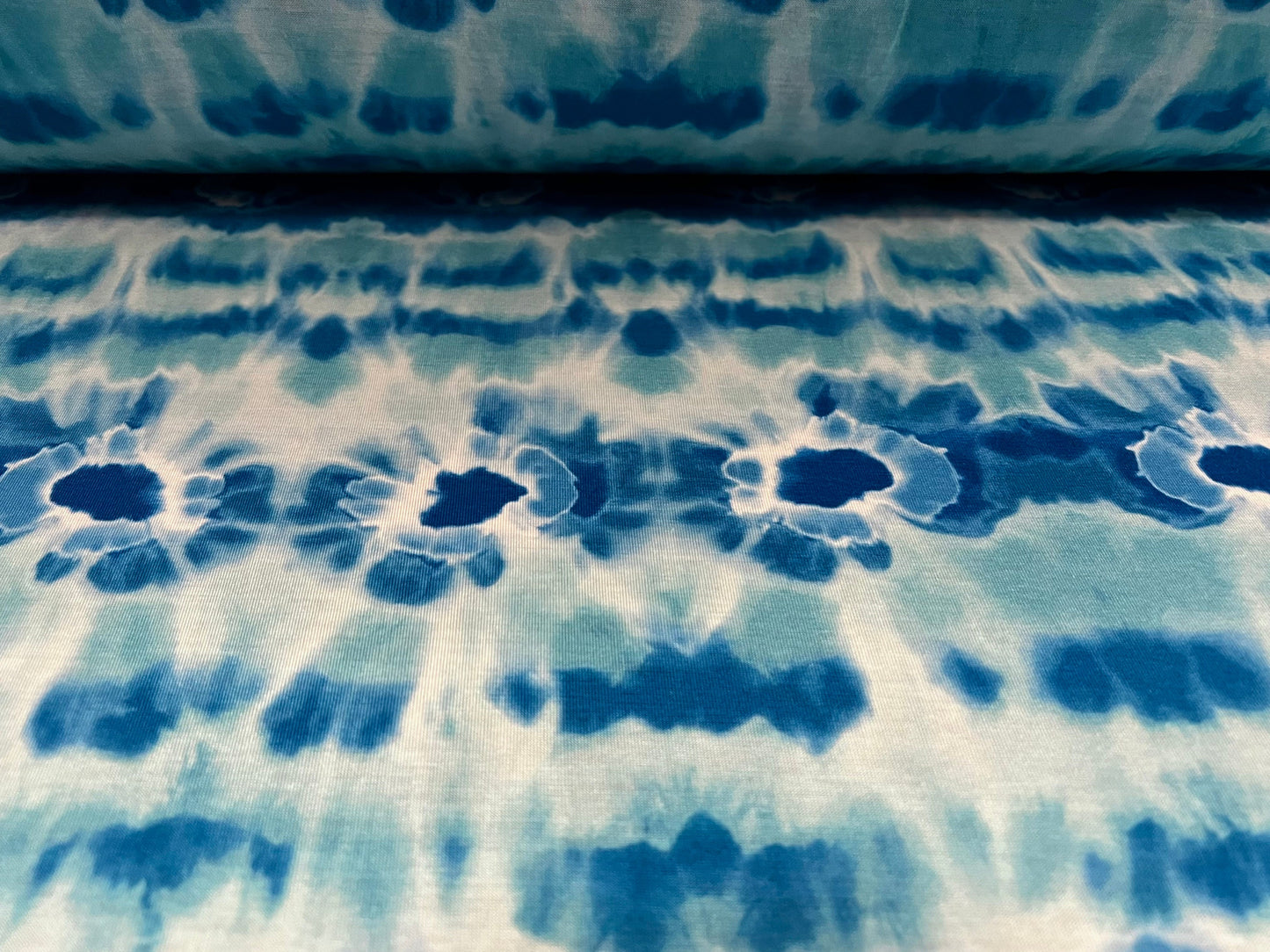 Soft handle stretch jersey fabric, per metre - tie dye splash print - turquoise blue