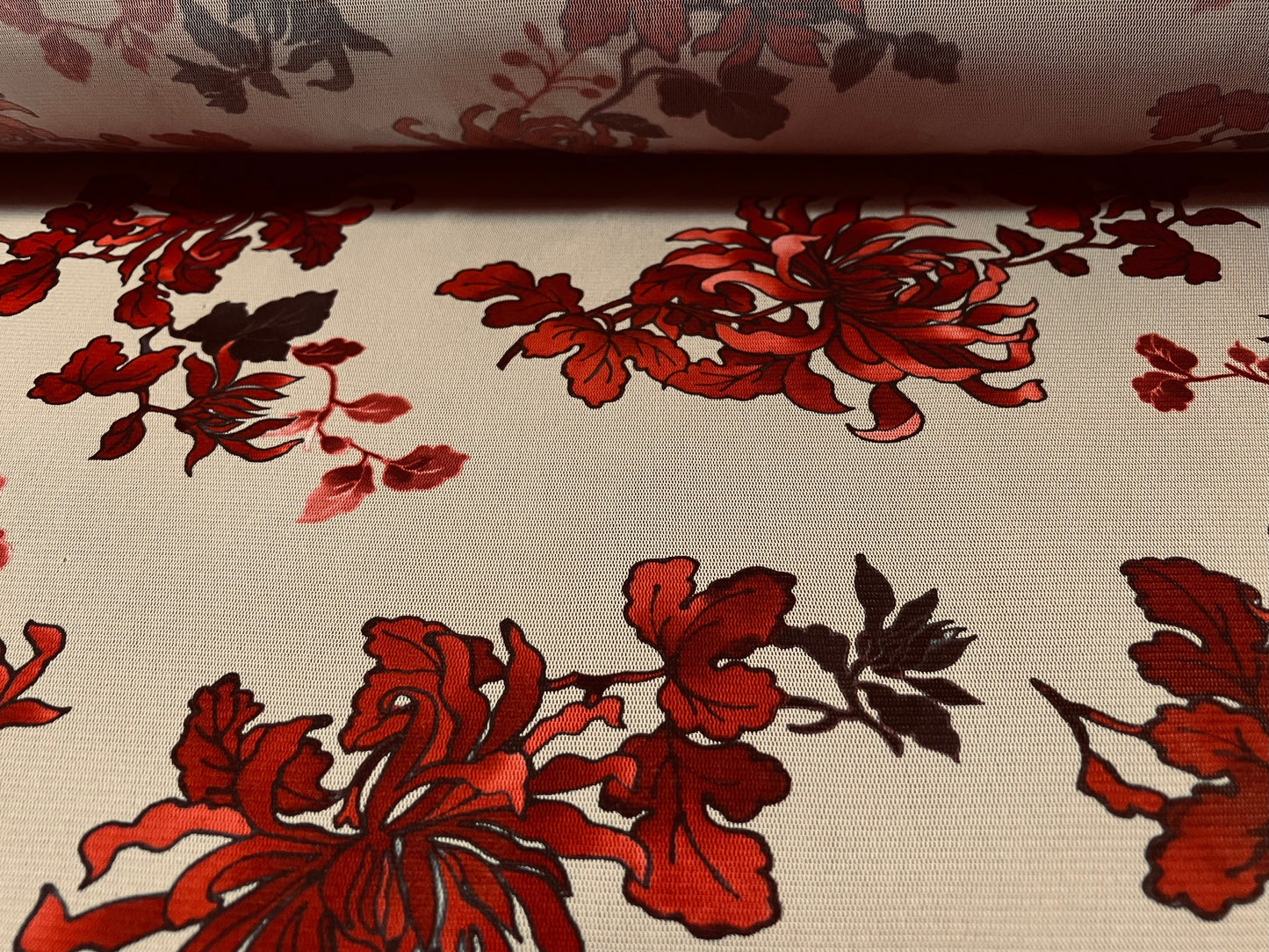 Mesh net lightweight fabric, per metre - flower print - stone & Red