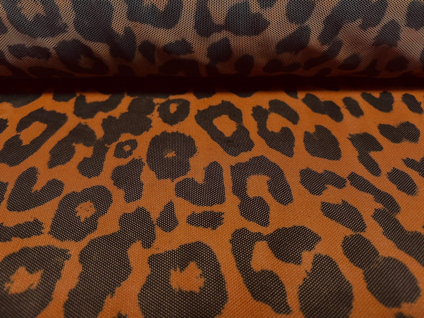 Power mesh net stretch fabric, per metre - cheetah animal print - Orange & black