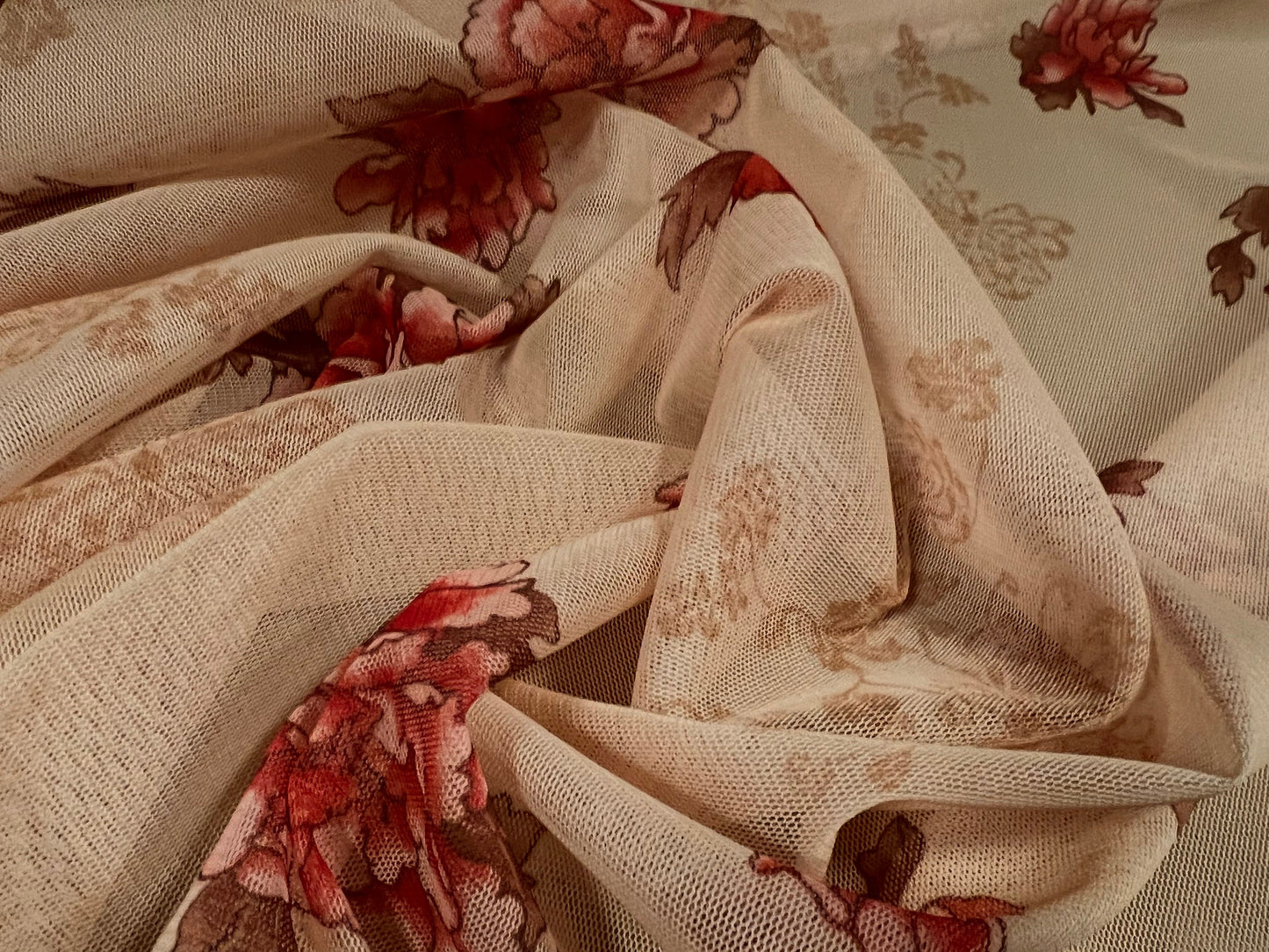 Mesh net lightweight fabric, per metre - carnation flower print - old gold & red