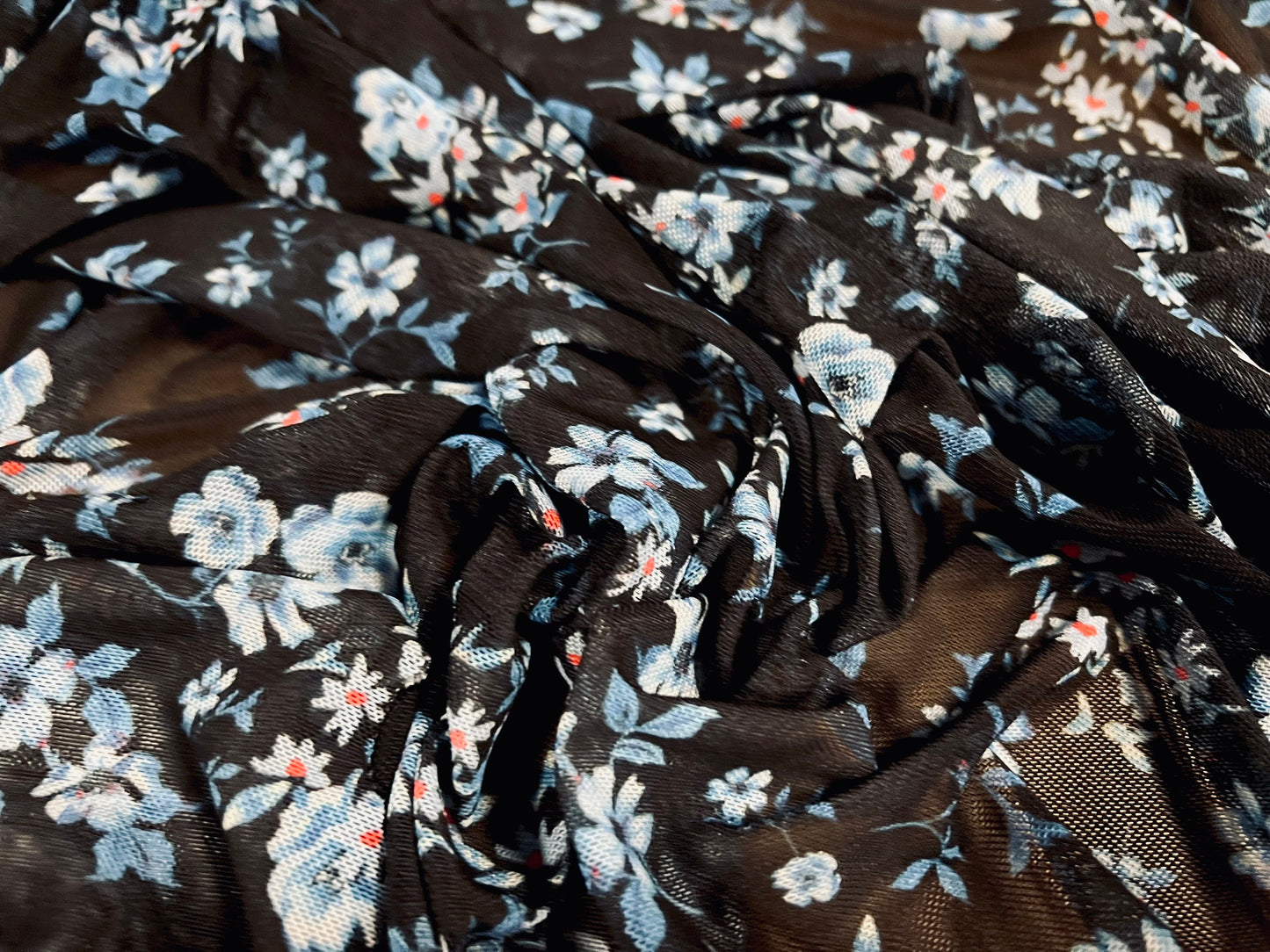 Power mesh net stretch fabric, per metre - ditsy flower print - black & Sky blue