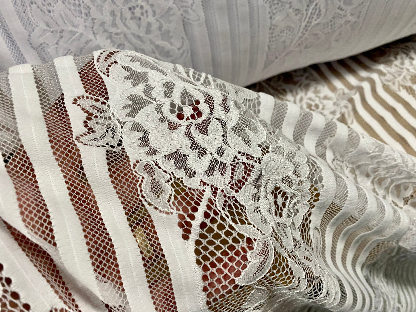Mesh lace net fabric, per metre - embroidered floral stripe - white