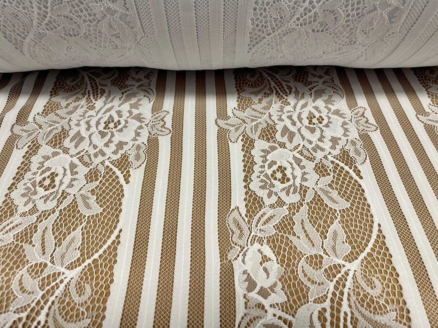 Mesh lace net fabric, per metre - embroidered floral stripe - white
