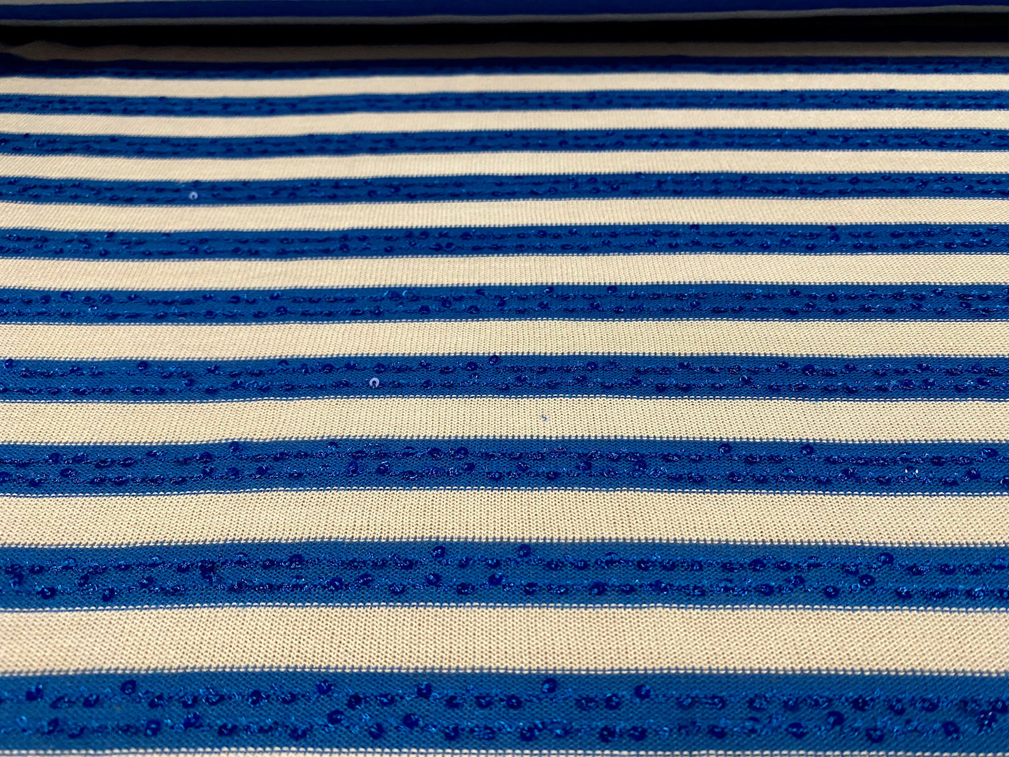 Sequin sparkle stripe jersey knit fabric, per metre - blue & white