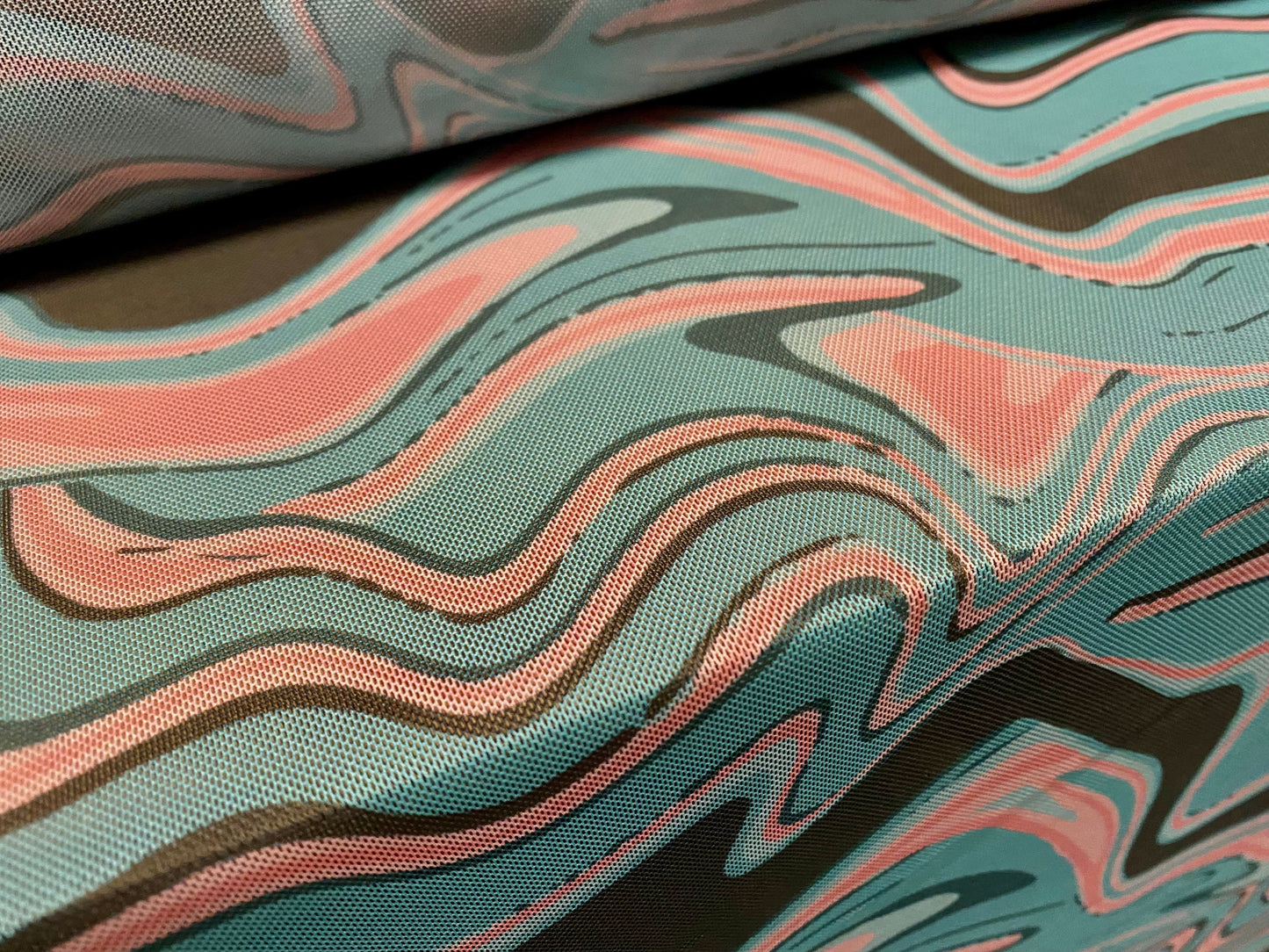 Power mesh net stretch fabric, per metre - distressed swirl print - mint & pink pastels