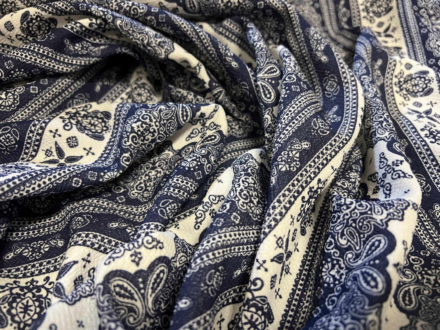 ‘Liverpool’ stretch spandex double jersey fabric, per metre - paisley stripe print - navy blue & white