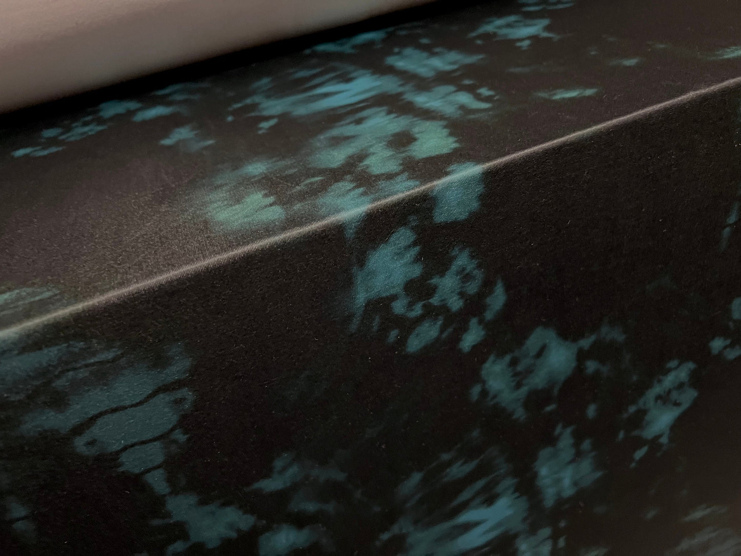 Soft touch stretch spandex single jersey fabric, per metre - Tie dye print - black & kingfisher