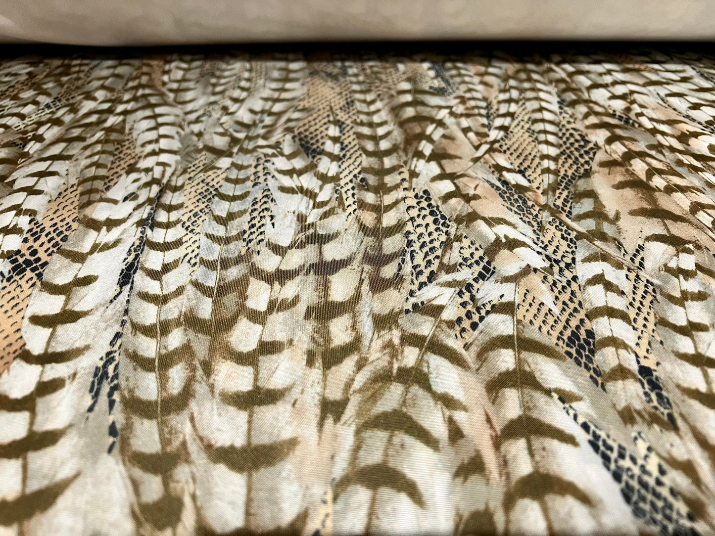 Scuba fabric stretch spandex neoprene style double jersey, per metre - feathers print - sage & Olive green
