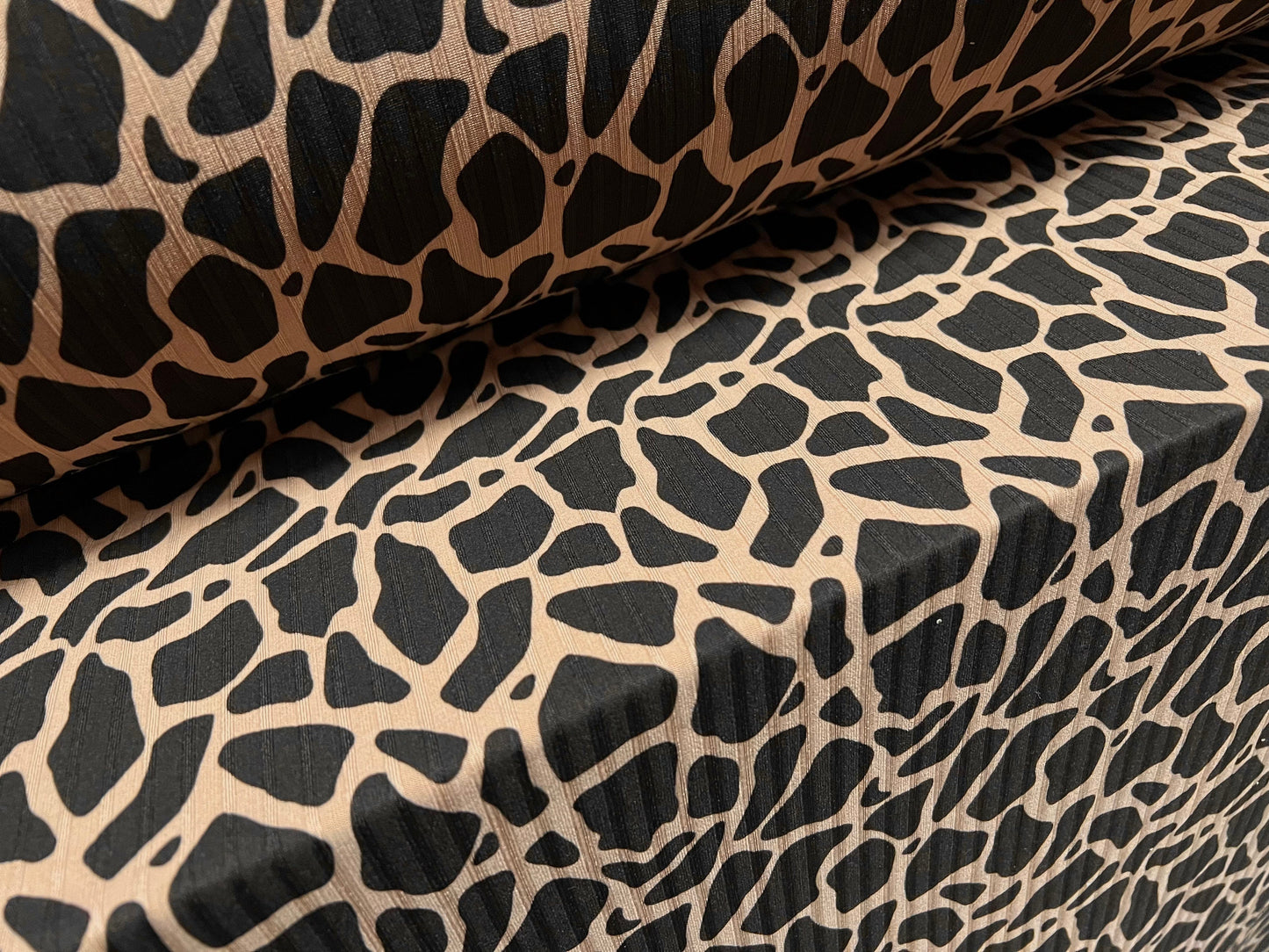 Stretch spandex rib jersey fabric, per metre - giraffe print - stone