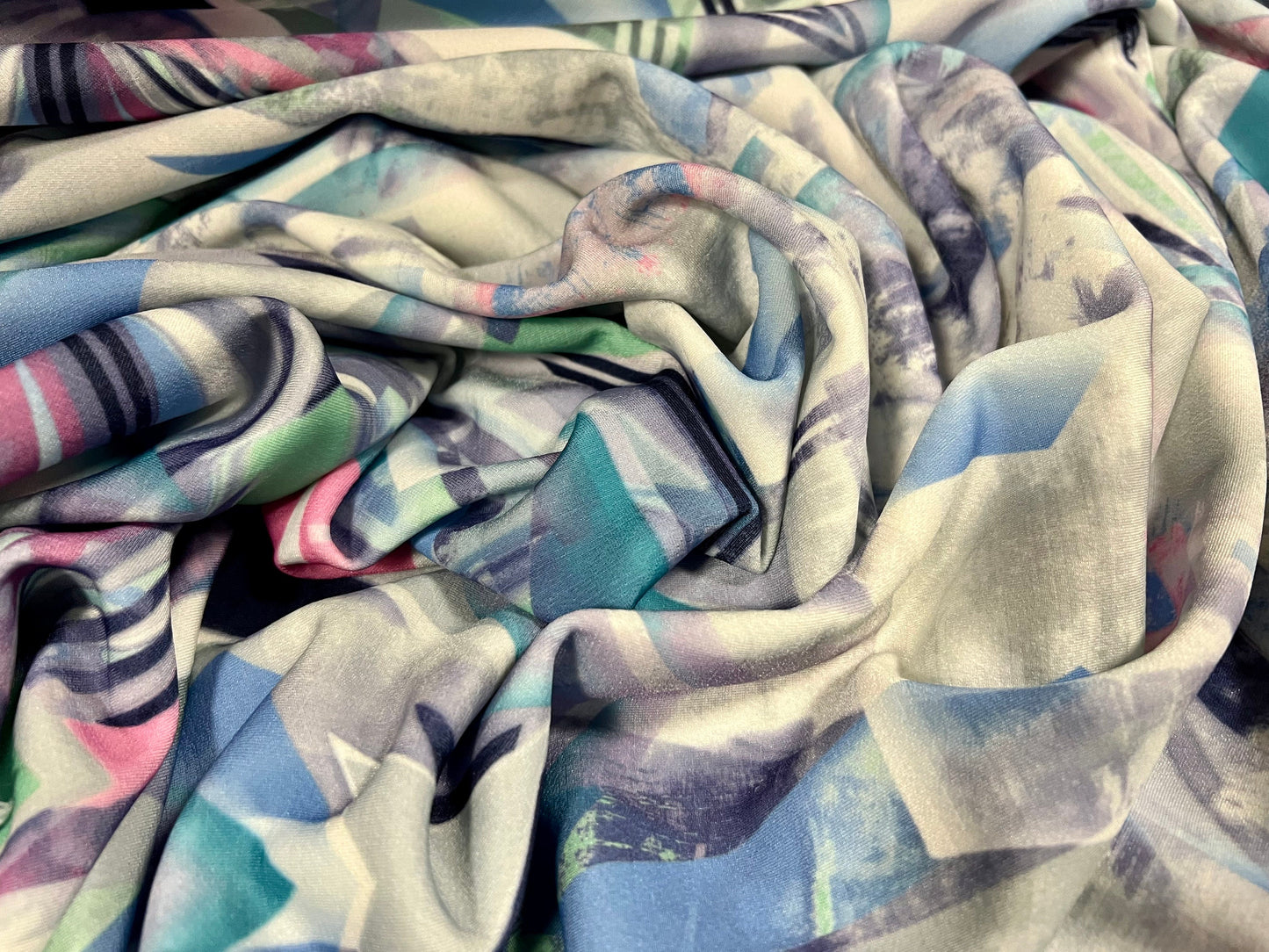 Scuba crepe-back stretch spandex jersey fabric, per metre - stylised Art Deco geometric print