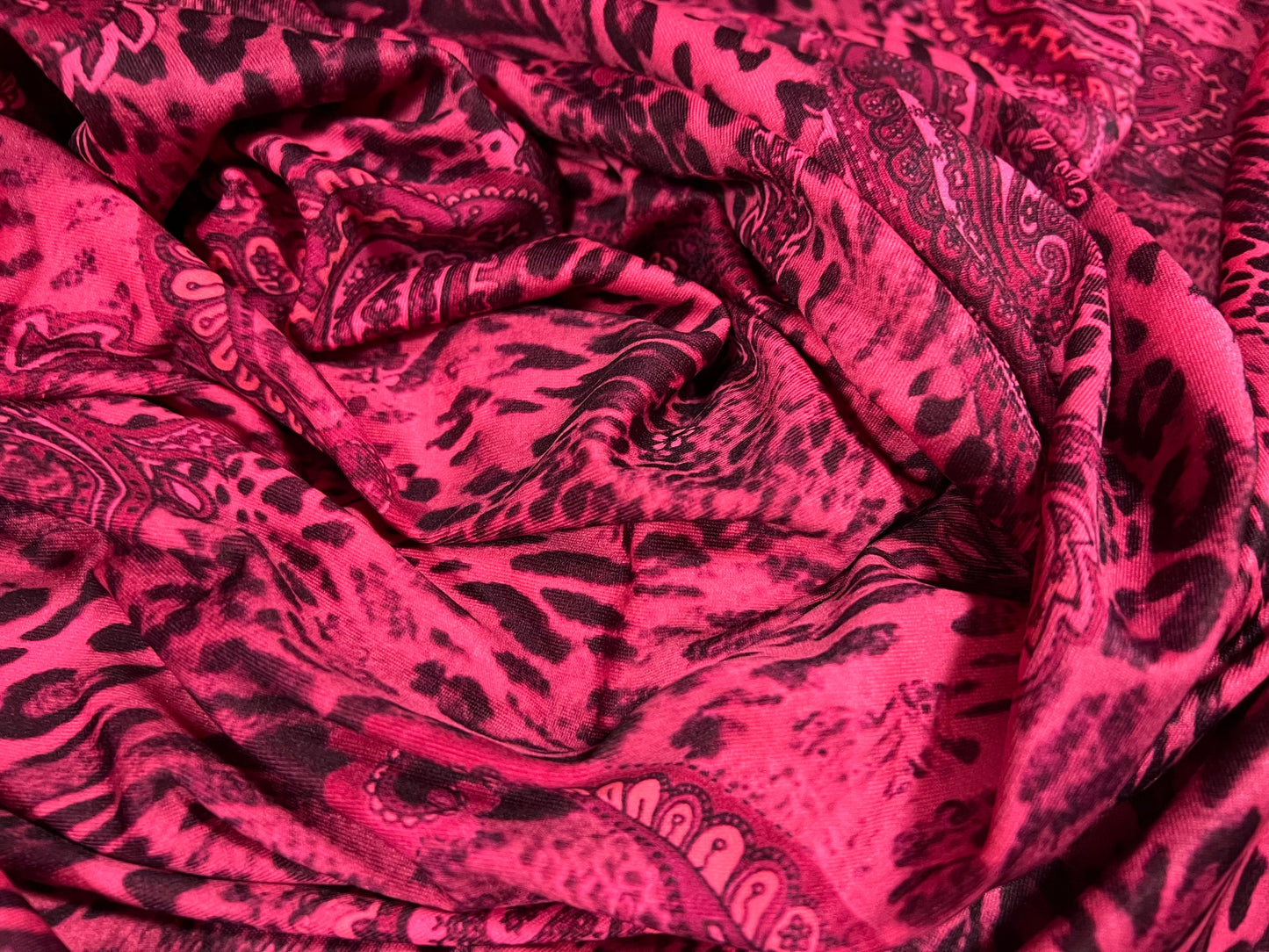 Stretch spandex crepe jersey fabric - paisley & cheetah animal print - pink