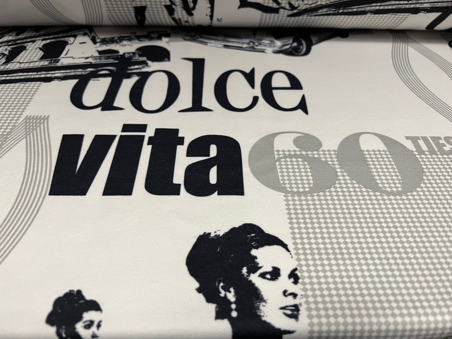 Disco shimmer stretch jersey fabric, per metre - retro Dolce Vita 60s print - white