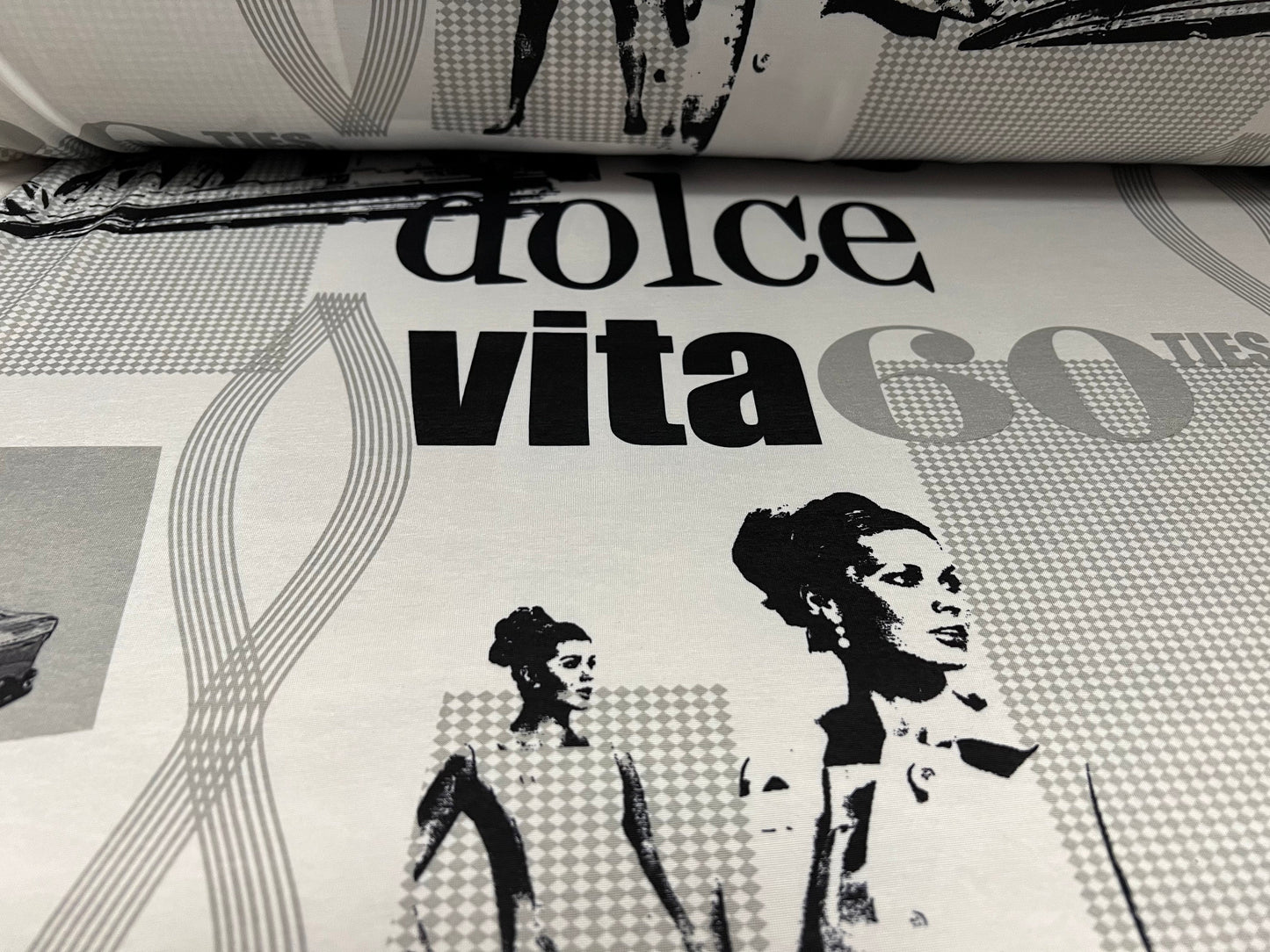 Disco shimmer stretch jersey fabric, per metre - retro Dolce Vita 60s print - white