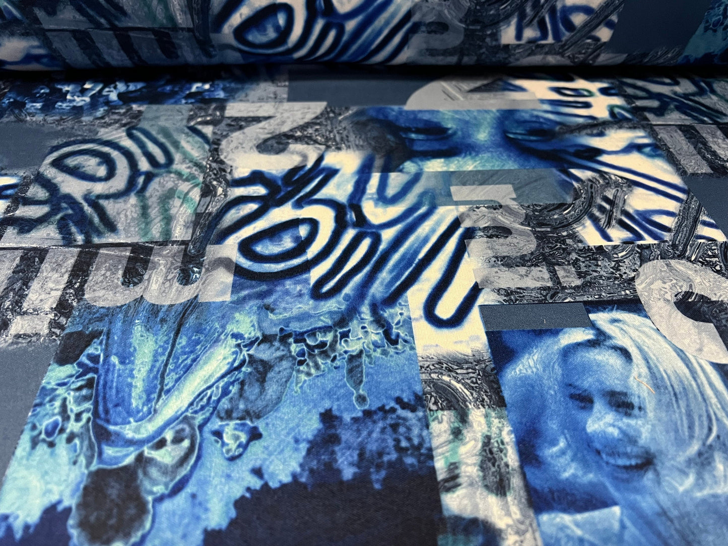 Single jersey polyester fabric - 60 inches wide - festival graffiti print - blue