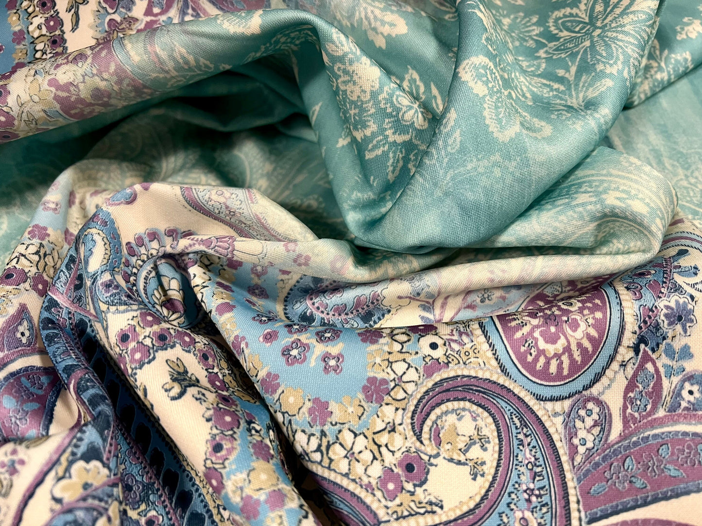 Scuba neoprene style stretch spandex double jersey fabric, per metre - paisley stripe print - turquoise & lilac