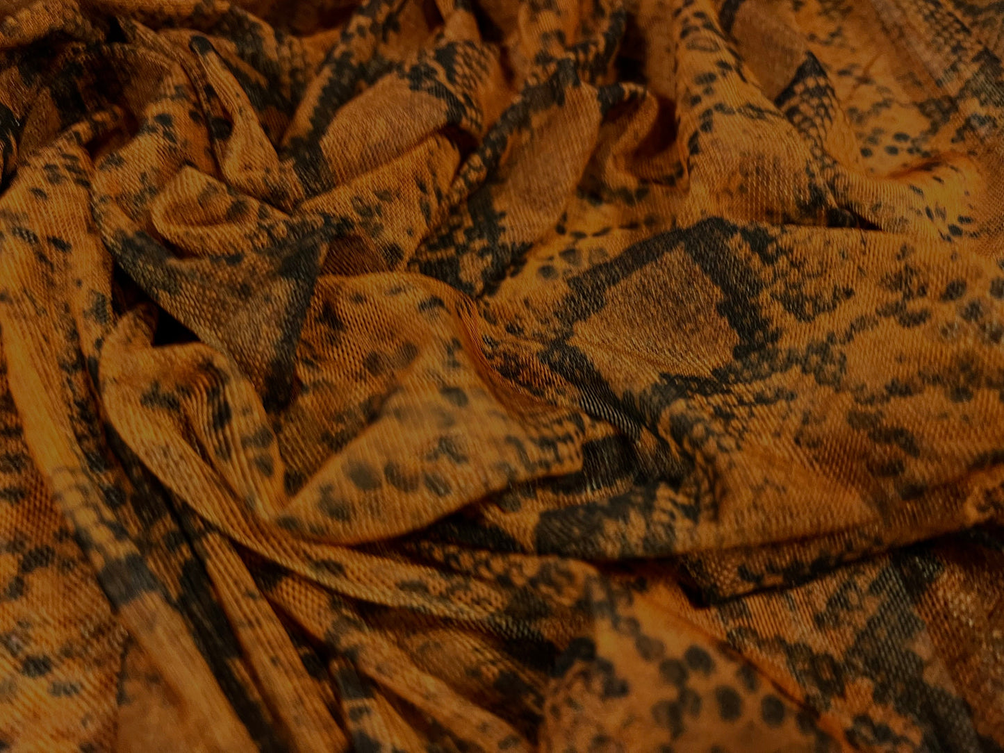 Power mesh net stretch fabric, per metre - snakeskin print - burnt orange