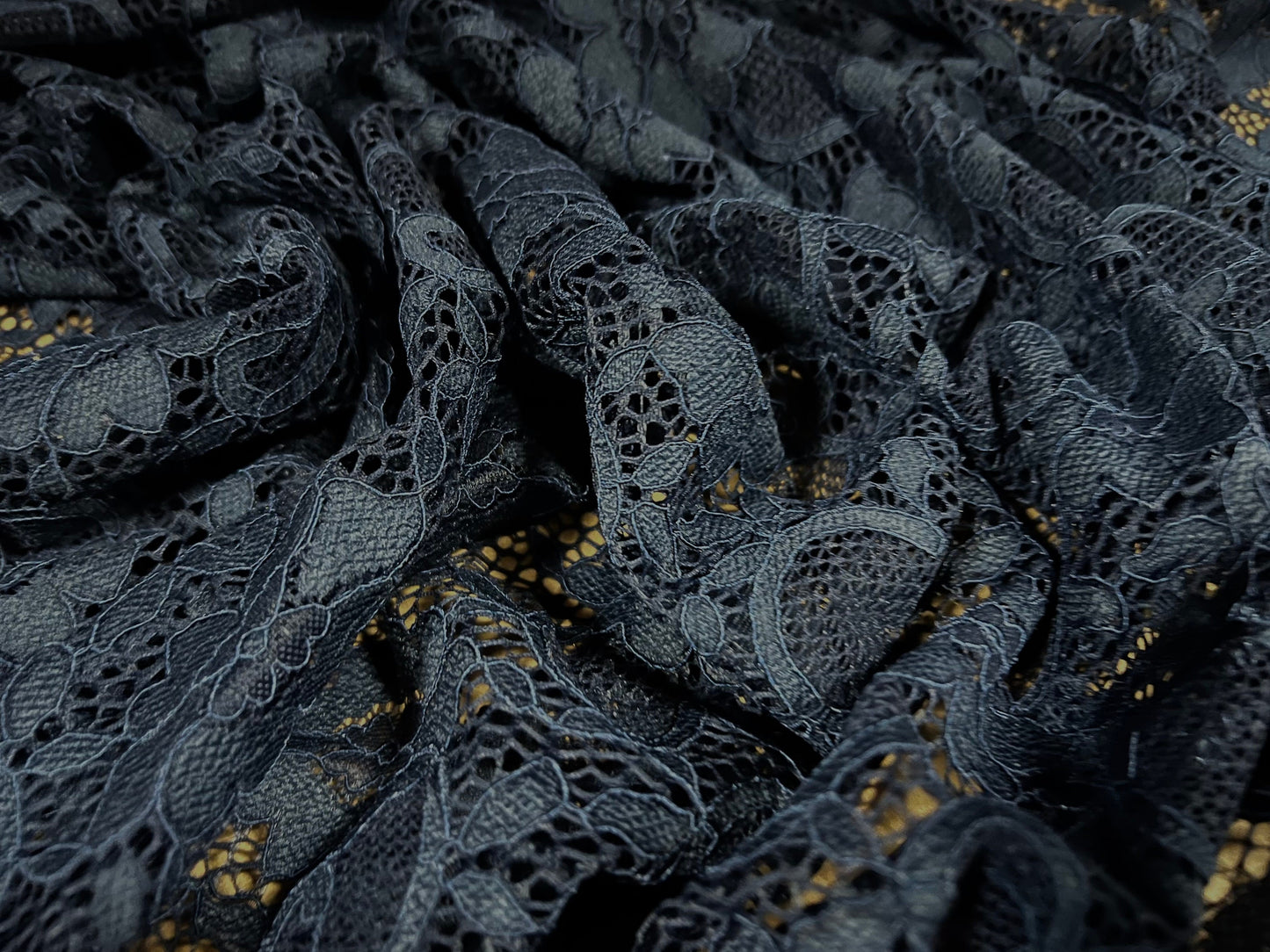 Stretch lace fabric, scalloped selvedge, per metre - navy blue