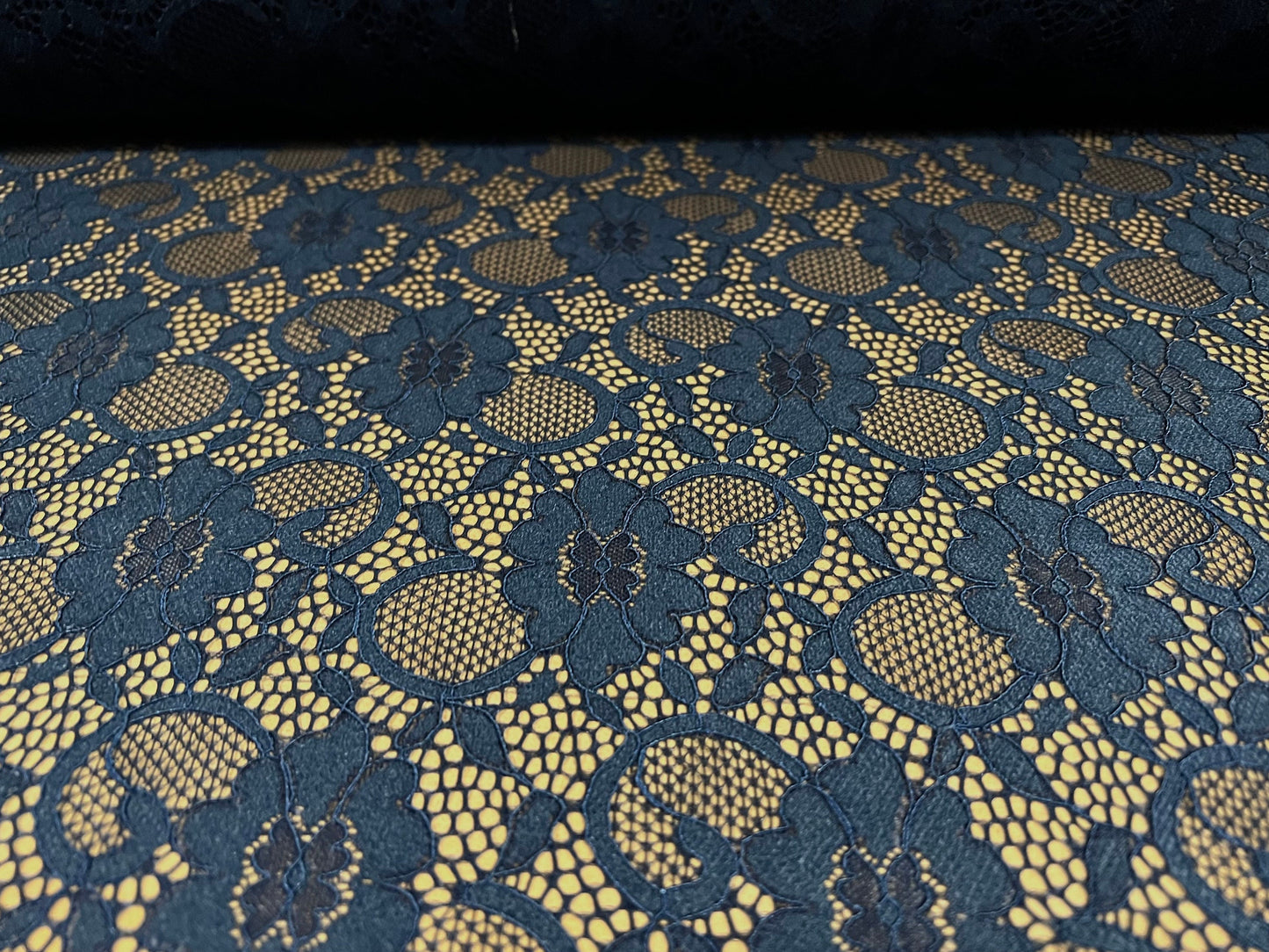 Stretch lace fabric, scalloped selvedge, per metre - navy blue