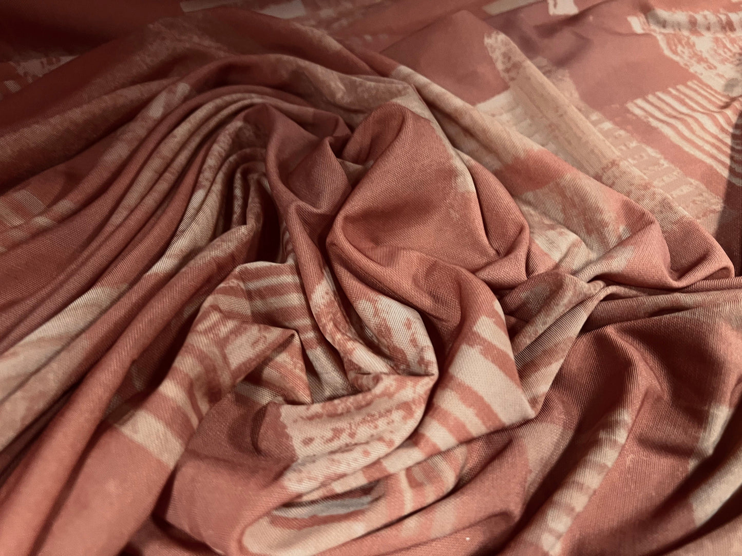 Power mesh net stretch fabric, per metre - retro shapes print - terracotta