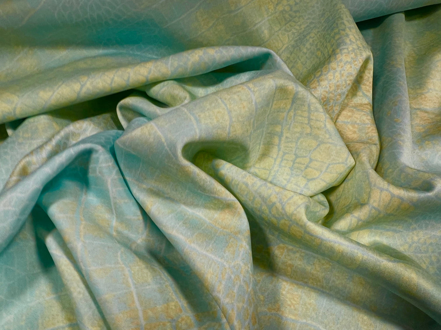 Scuba crepe stretch spandex jersey dress fabric, per metre - distressed crocodile print - turquoise & lemon