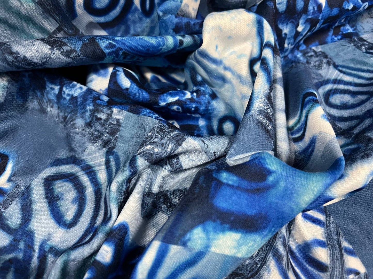 Stretch spandex double jersey fabric, per metre - Festival graffiti print - blue