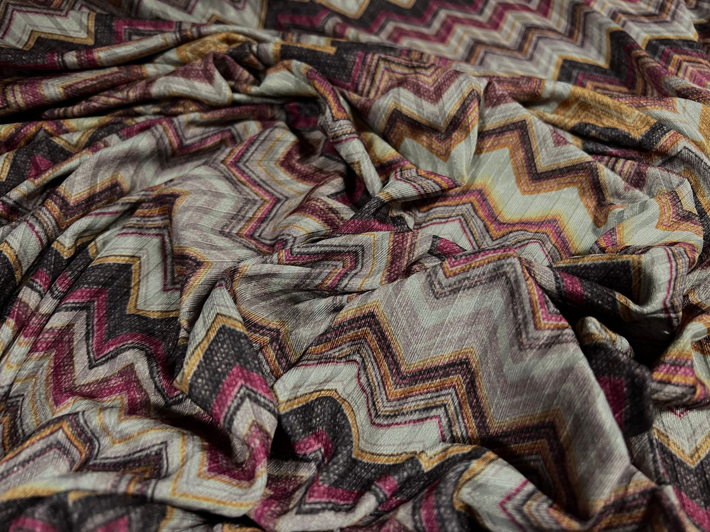 Recycled Spandex rib stretch jersey fabric, per metre - Zigzag chevron print - grey mustard magenta