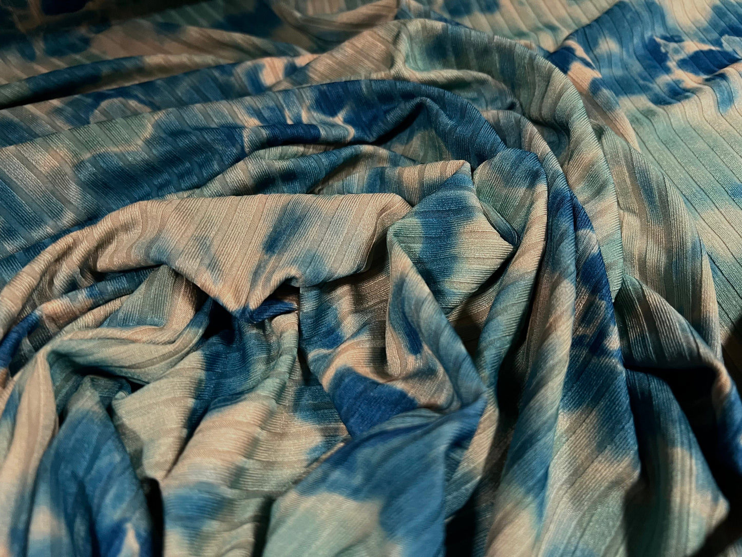 Spandex rib stretch jersey fabric, per metre - tie dye splash print - turquoise & stone
