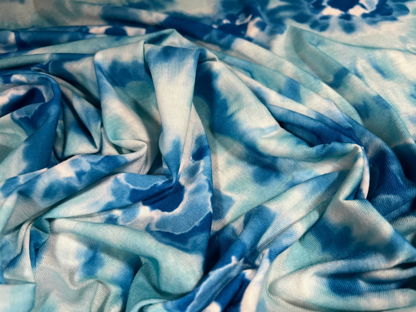 Soft handle stretch jersey fabric, per metre - tie dye splash print - turquoise blue