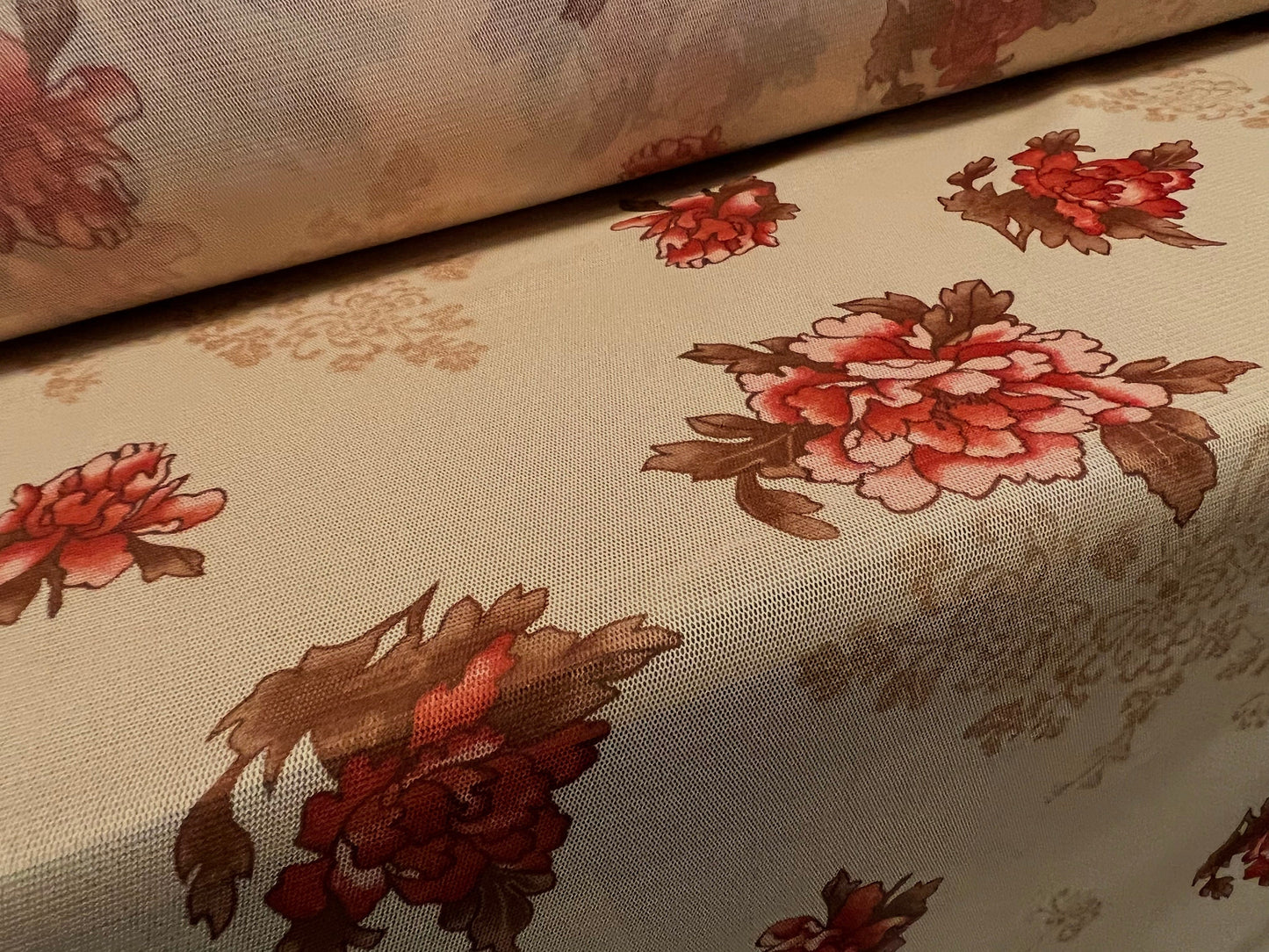 Mesh net lightweight fabric, per metre - carnation flower print - old gold & red