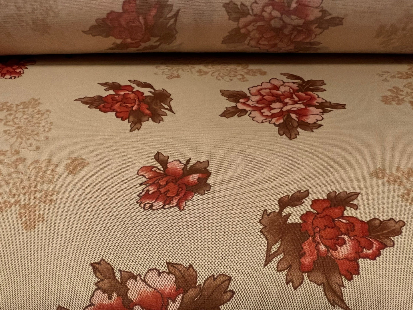 Mesh net lightweight fabric, per metre - carnation flower print - old gold & red