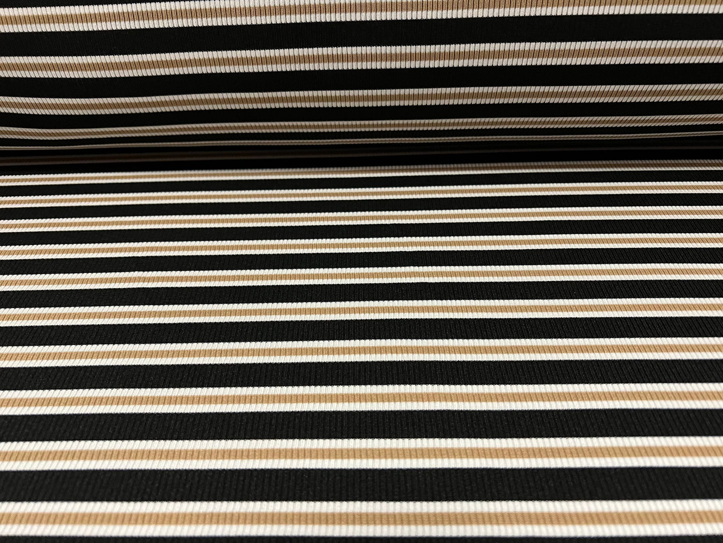 2x1 Spandex stretch rib jersey fabric, per metre - stripe - black & tan