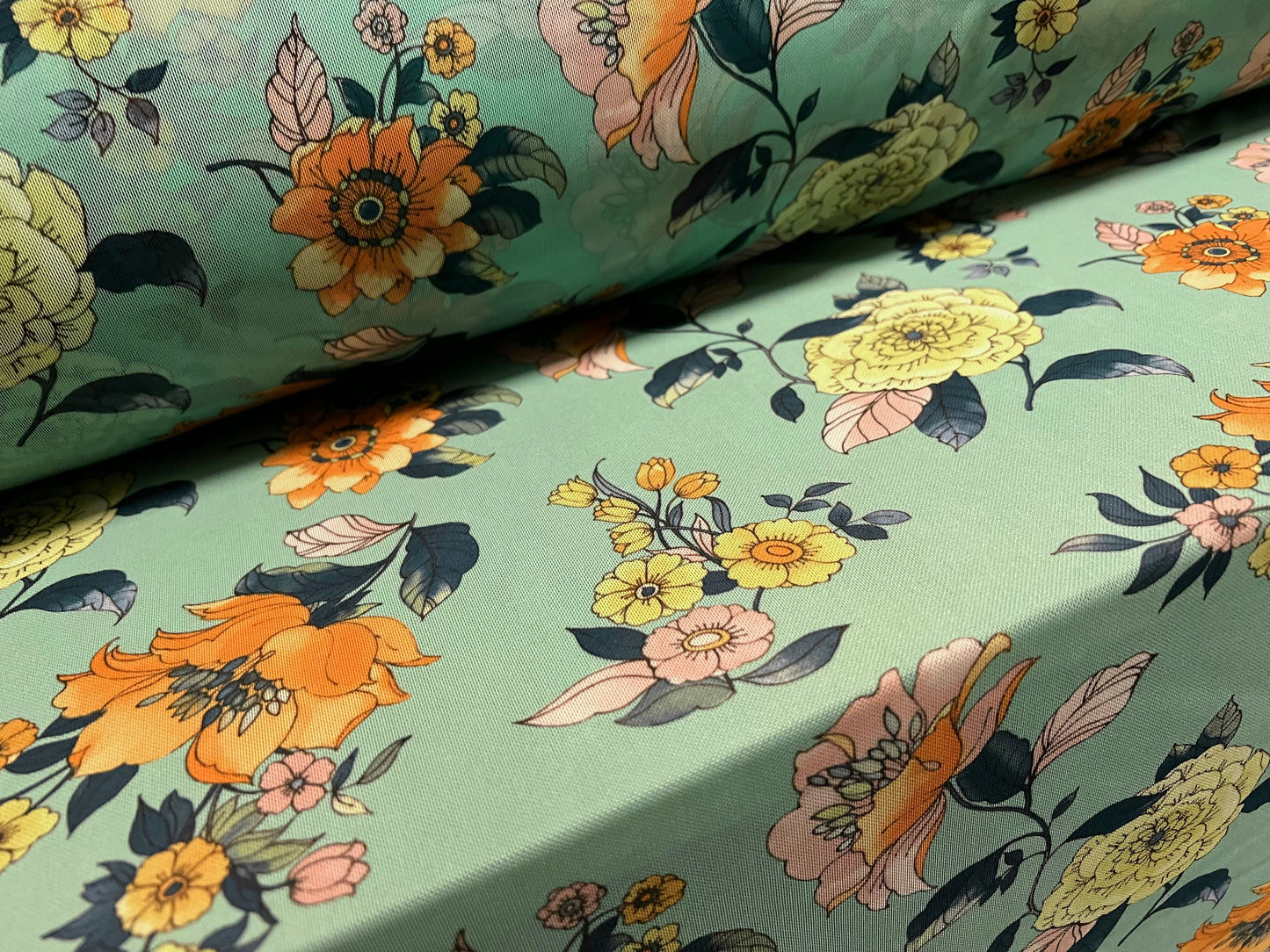 Power mesh net stretch spandex fabric, per metre - flower print - mint green