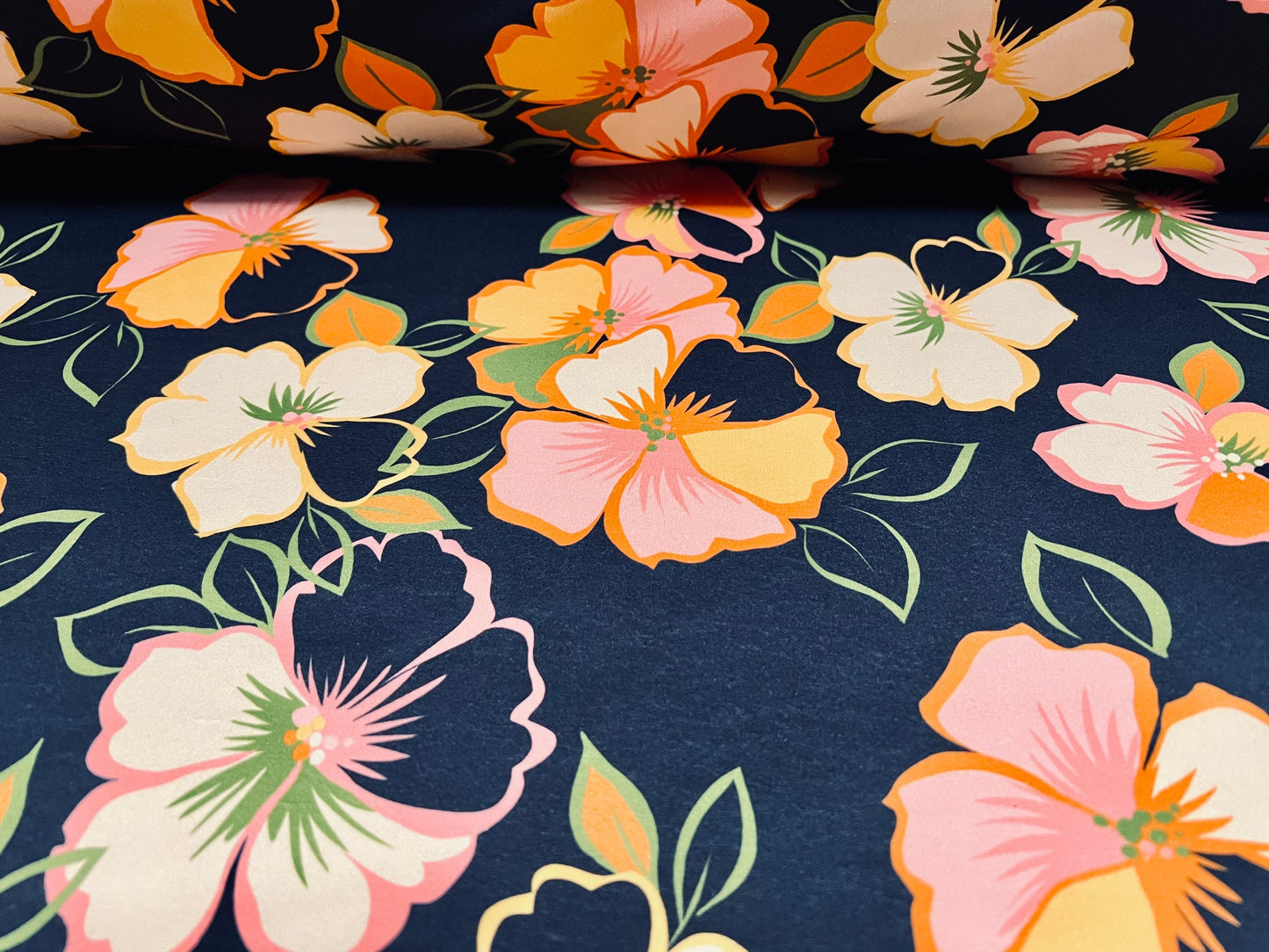 Scuba neoprene style stretch spandex double jersey fabric, per metre - pansy flower print - navy blue