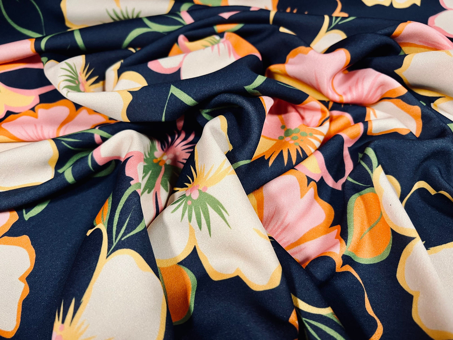 Scuba neoprene style stretch spandex double jersey fabric, per metre - pansy flower print - navy blue