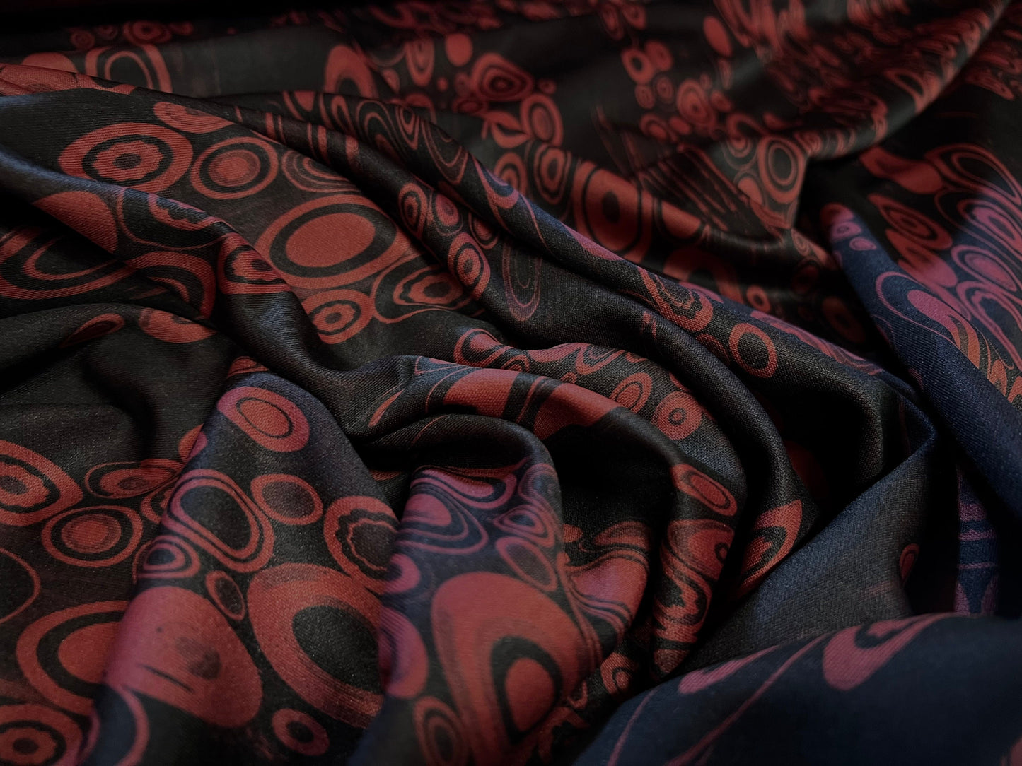 Printed Marcella Scuba Spandex Jersey Stretch Fabric, Per Metre - Circles print - wine & black