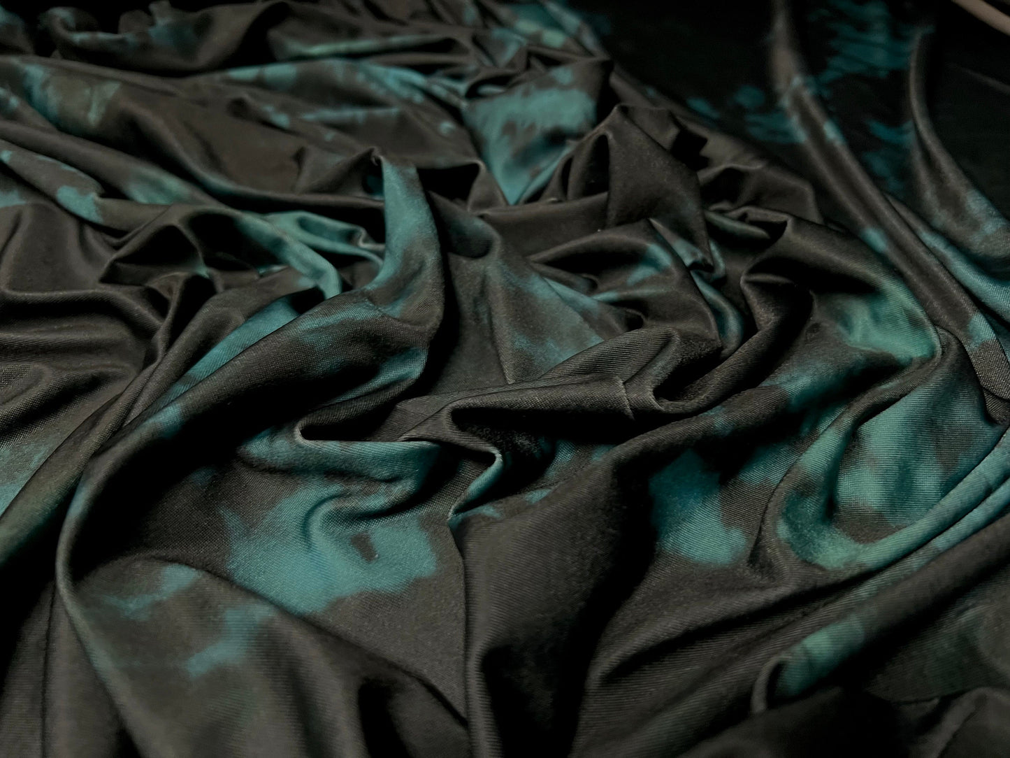 Soft touch stretch spandex single jersey fabric, per metre - Tie dye print - black & kingfisher