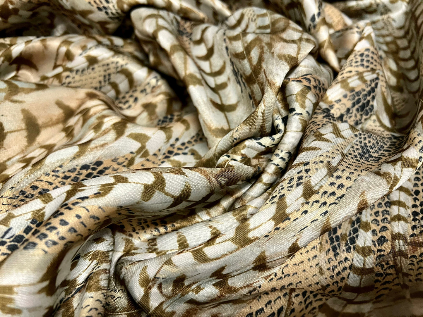 Scuba fabric stretch spandex neoprene style double jersey, per metre - feathers print - sage & Olive green