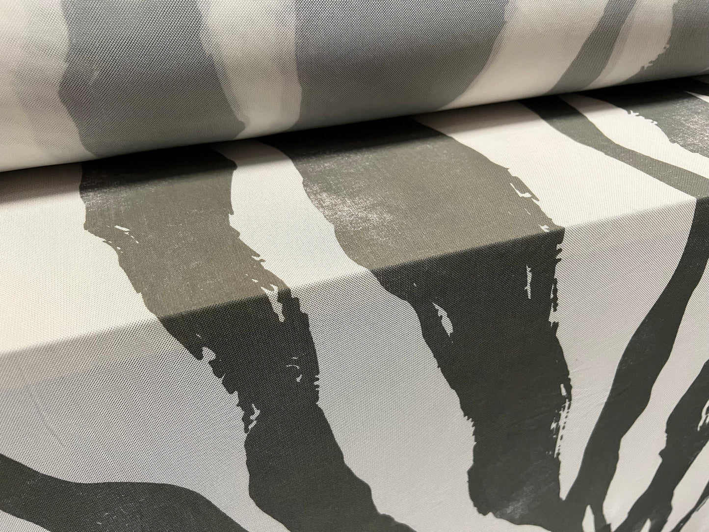 Power mesh net stretch spandex fabric, per metre - distressed zebra animal print - khaki & white