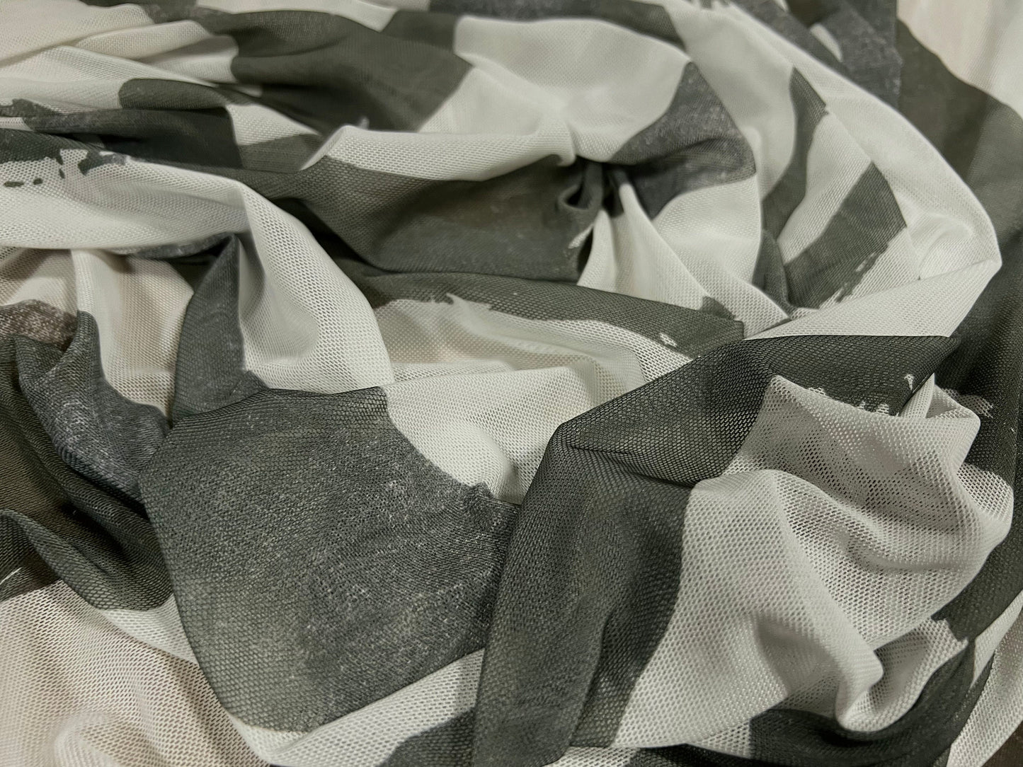 Power mesh net stretch spandex fabric, per metre - distressed zebra animal print - khaki & white