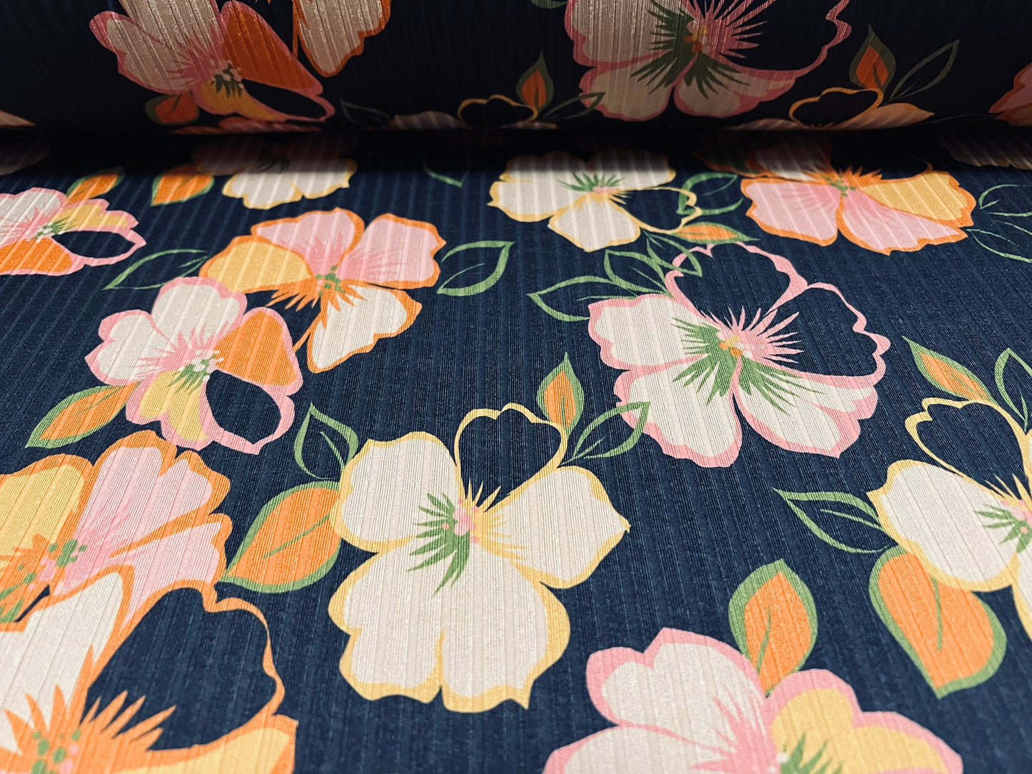 Recycled Spandex rib stretch jersey fabric, per metre - pansy flower print - navy blue