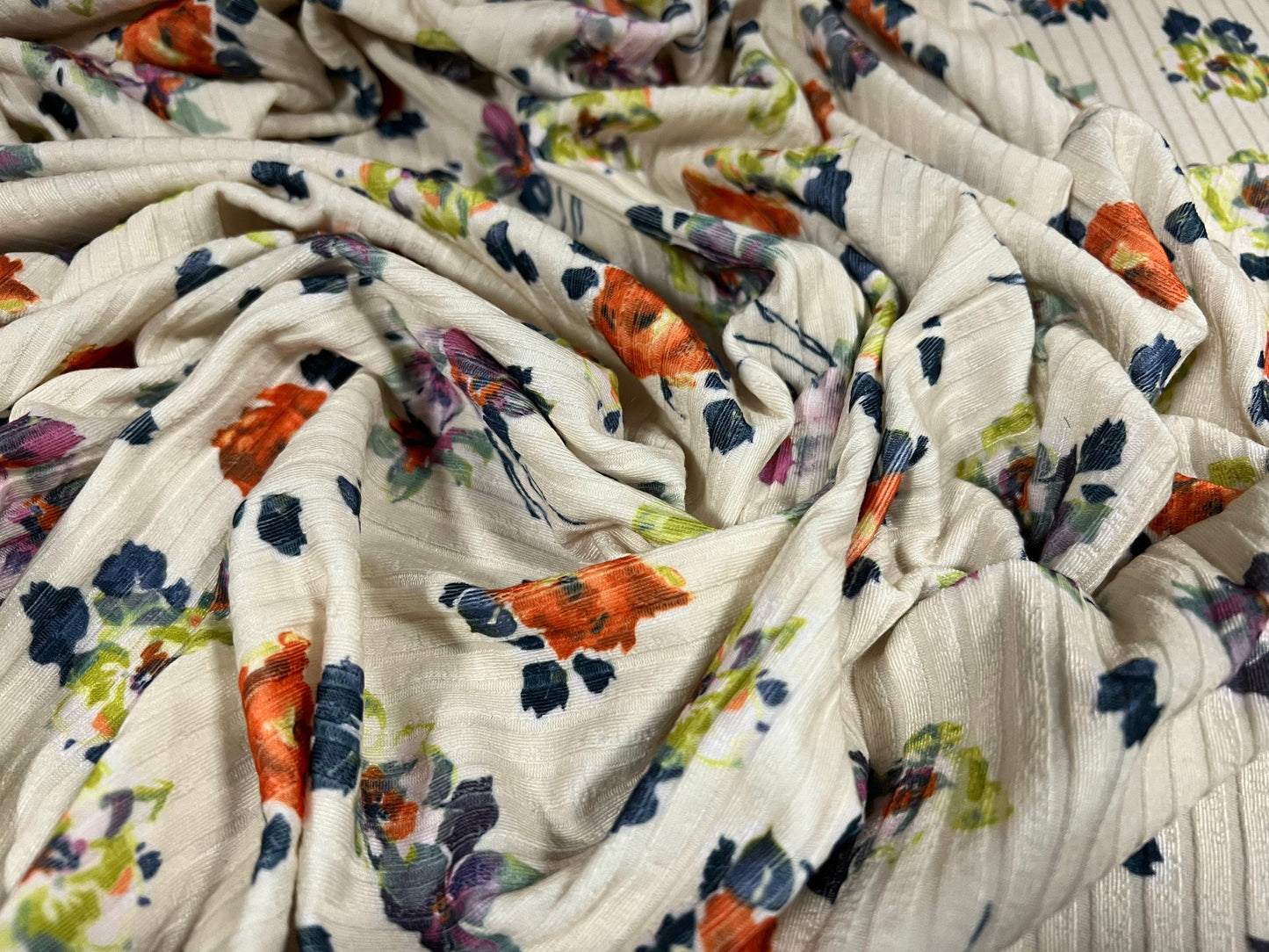 Spandex stretch rib jersey fabric, per metre - small flower print - cream