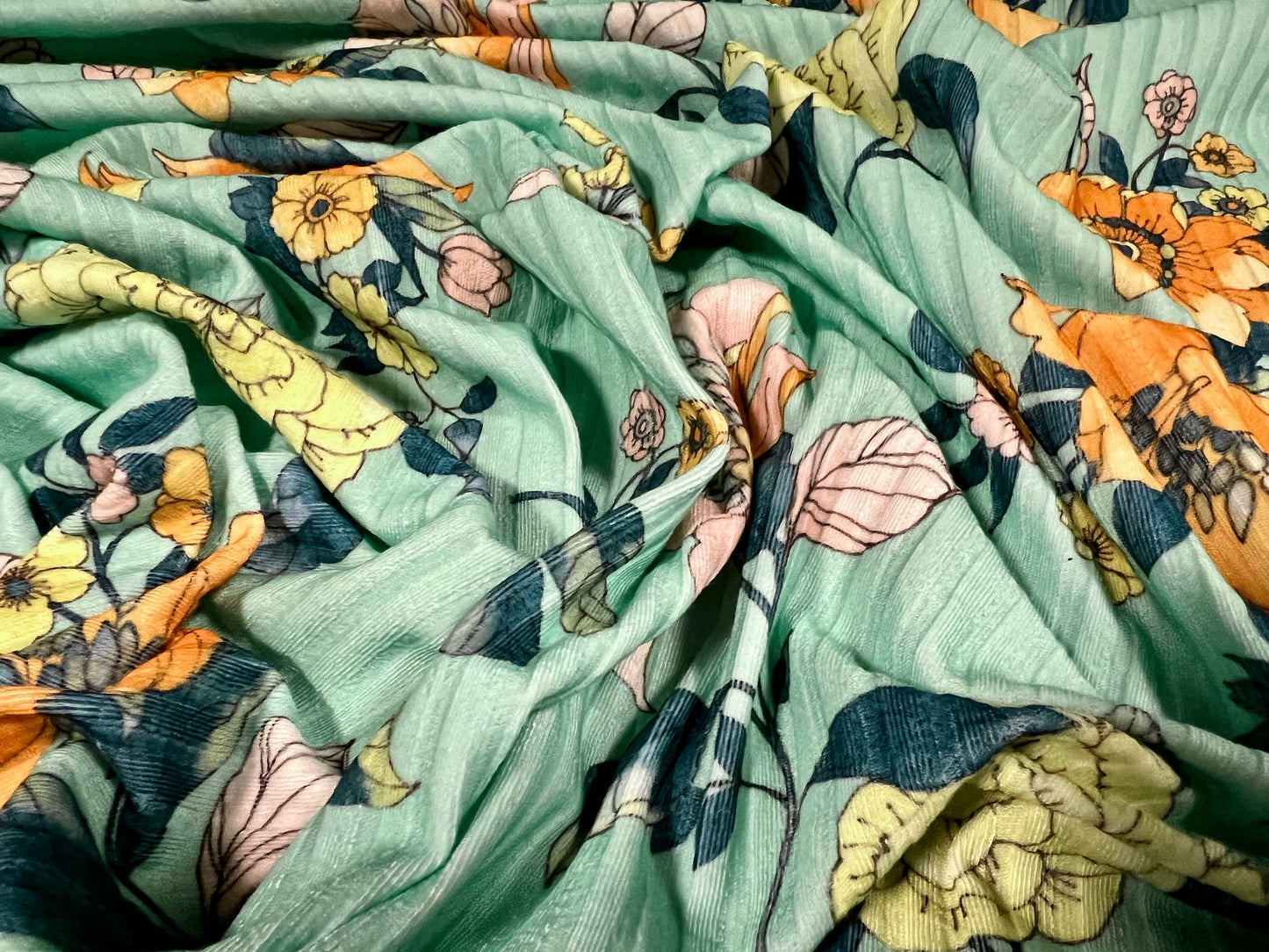 Spandex rib stretch jersey fabric, per metre - flower print - mint green