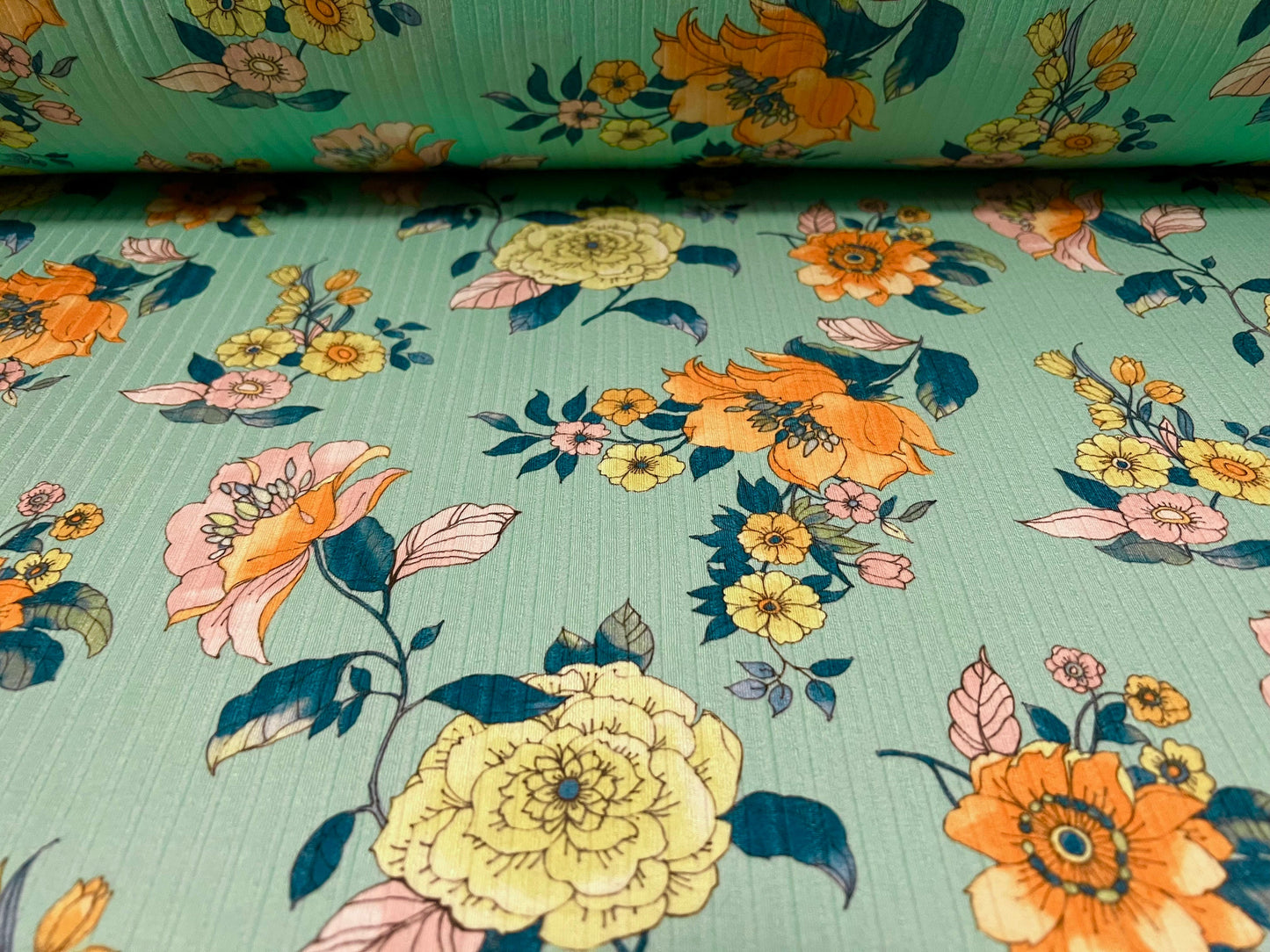 Spandex rib stretch jersey fabric, per metre - flower print - mint green