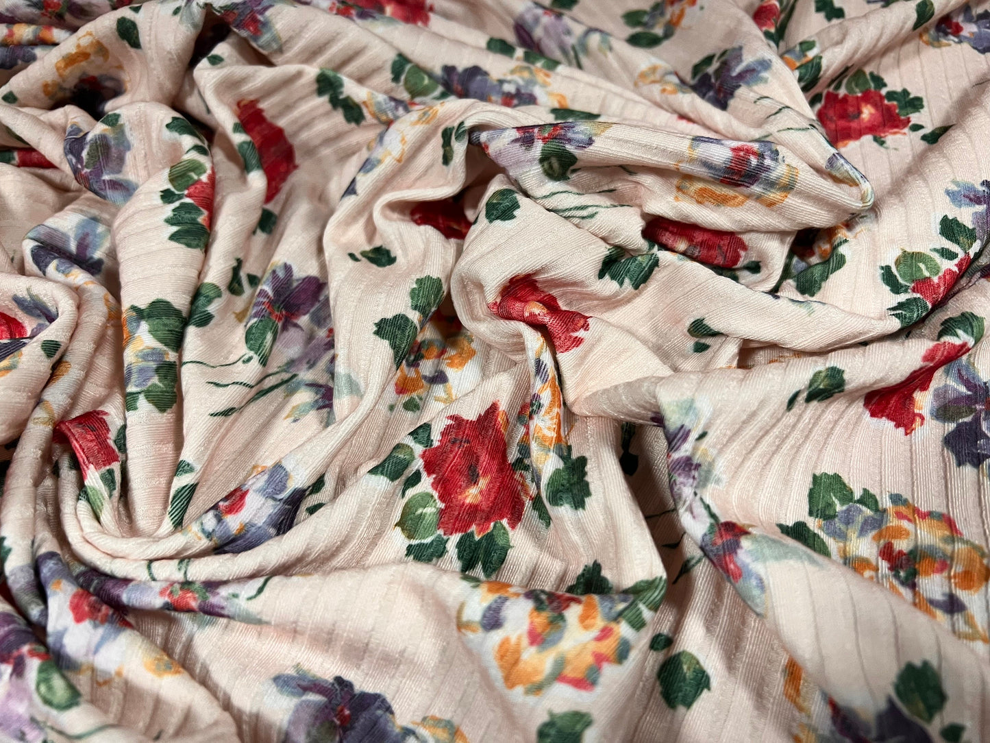 Spandex stretch rib jersey fabric, per metre - small flower print - skin tone