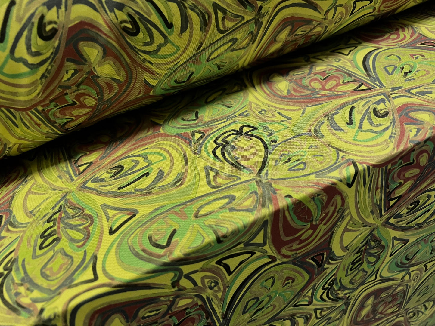 Soft touch stretch spandex jersey fabric, per metre - stylised floral print - lime