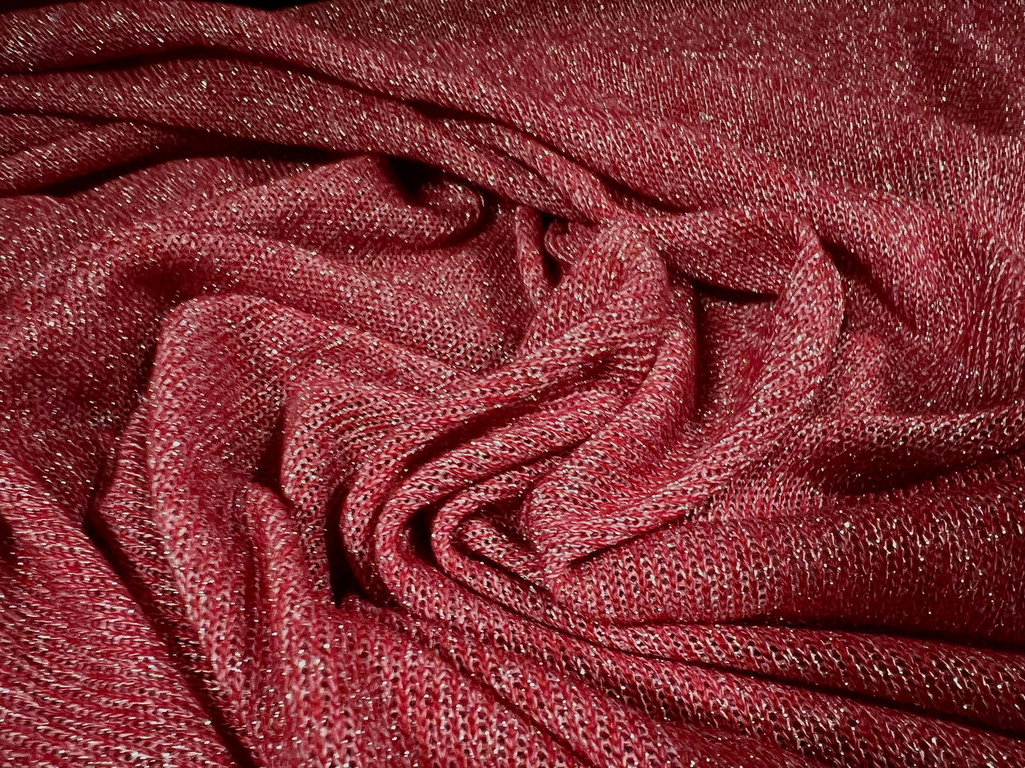 Metallic spandex knitwear jersey fabric with lurex, per metre - red & silver