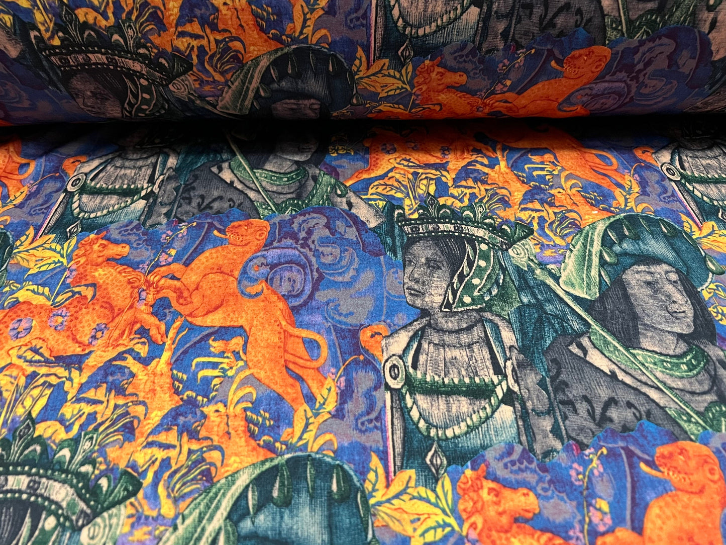 Scuba stretch spandex jersey neoprene style fabric, per metre - Henry Tudor King & Queen print
