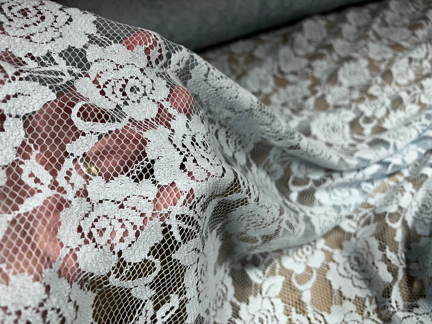 Floral mesh lace dress fabric, per metre - rose design - Sky blue