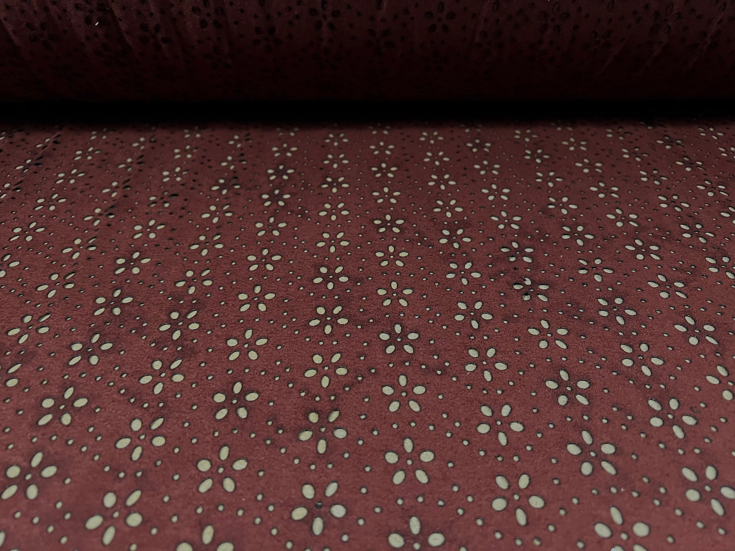 Suedette dress fabric, per metre - ditsy flower burnout design - maroon