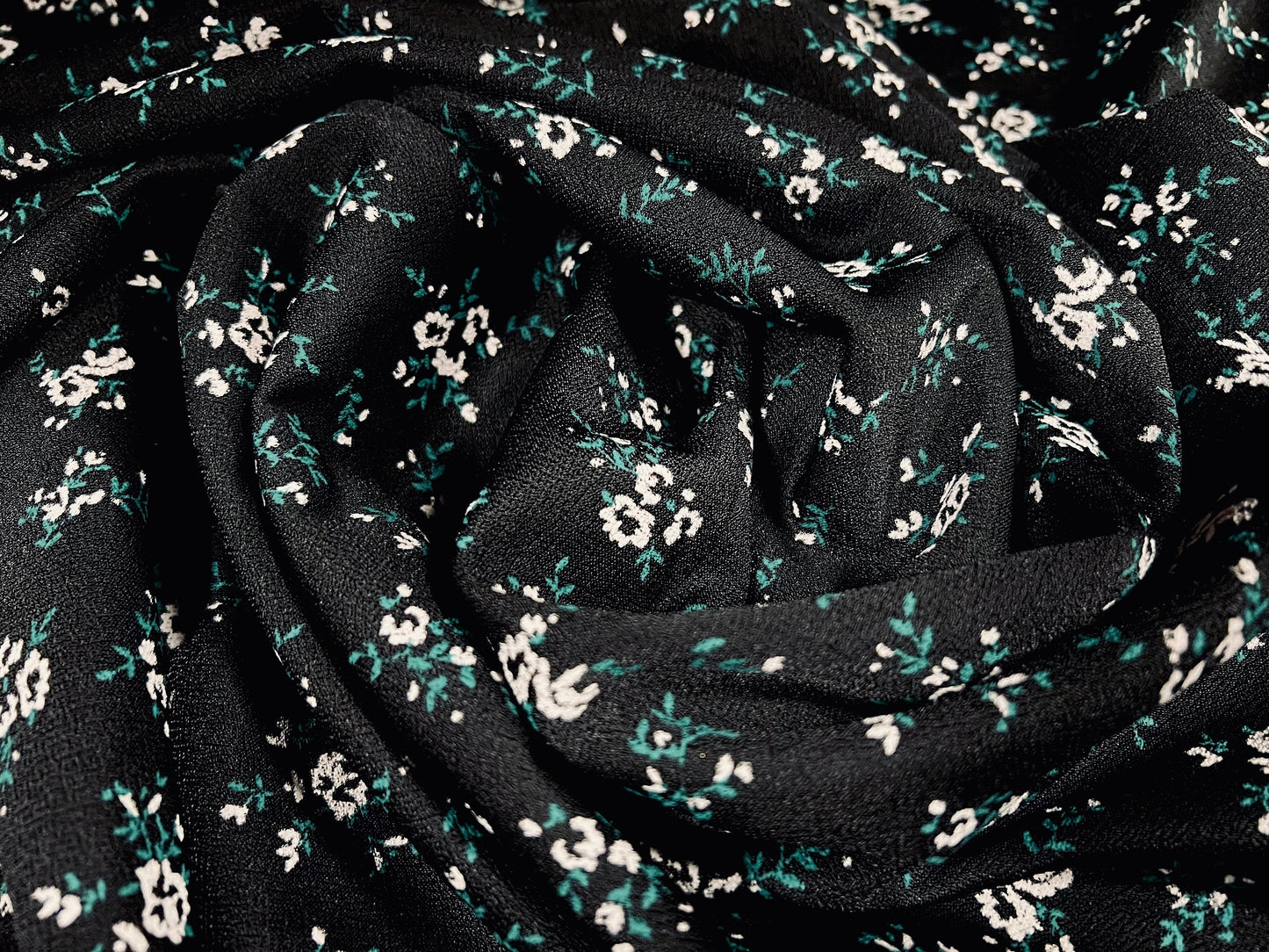 Scuba crepe stretch spandex jersey dress fabric, per metre - ditsy flower print - black & green